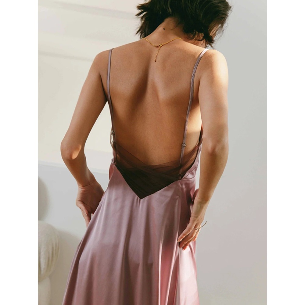 Commense Satin Backless Maxi Dress L Mauve Feme Minimalist Party Date Evening